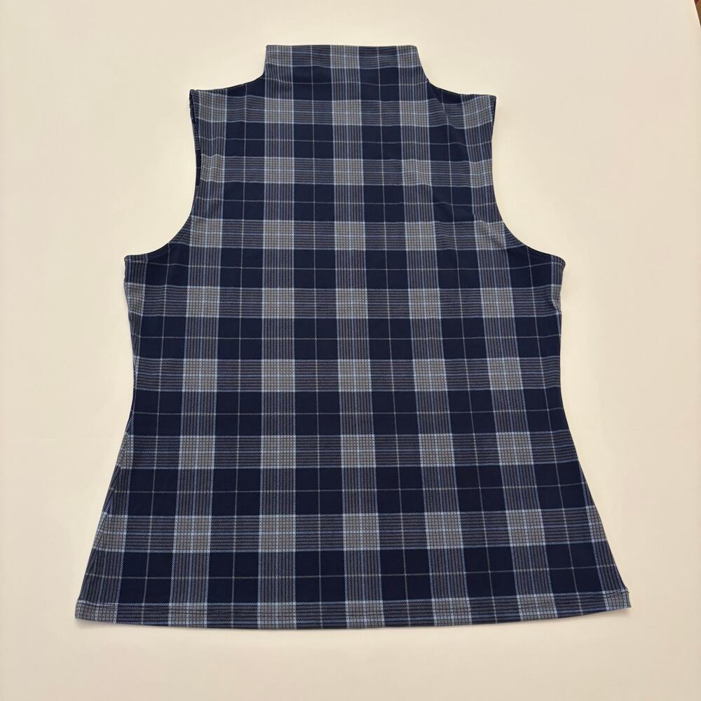 NWT Tahari Womens L Blue Plaid Mock Neck Sleeveless Stretch Top Blouse